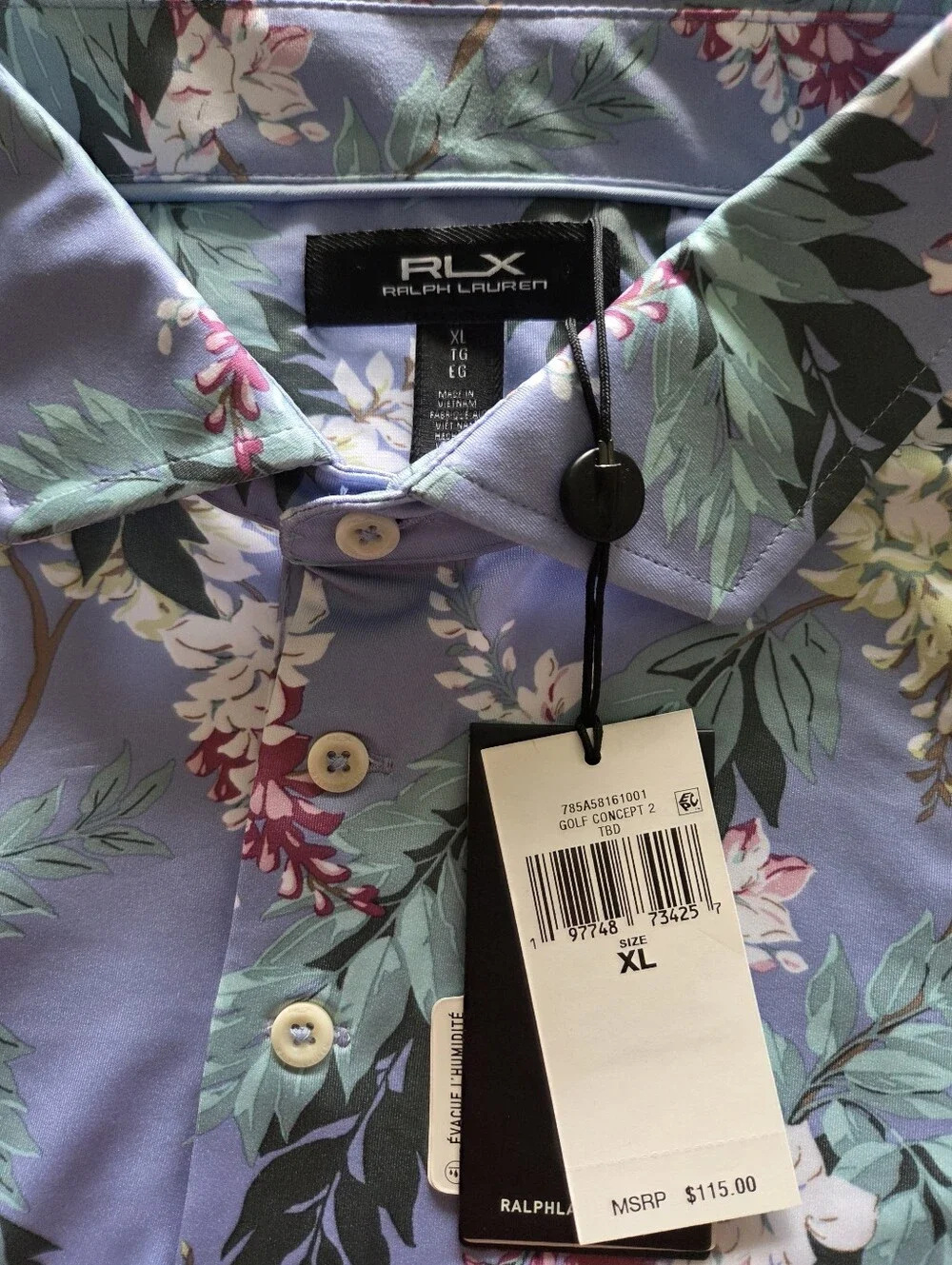 RLX Ralph Lauren Mens Floral Performance Golf Polo Shirt Blue Stretch NWT | XL |